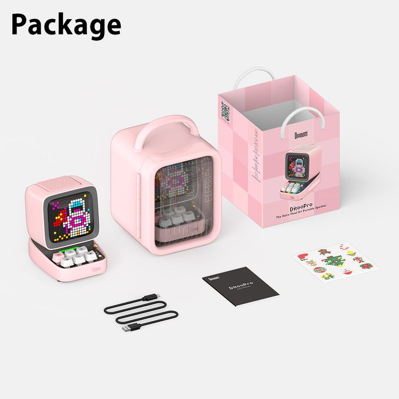 Ditto Bluetooth Speaker Retro Pixel Art Game Portable With 16X16 App Controlled Front Screen Pink DIY LED Display Board_voghion.com