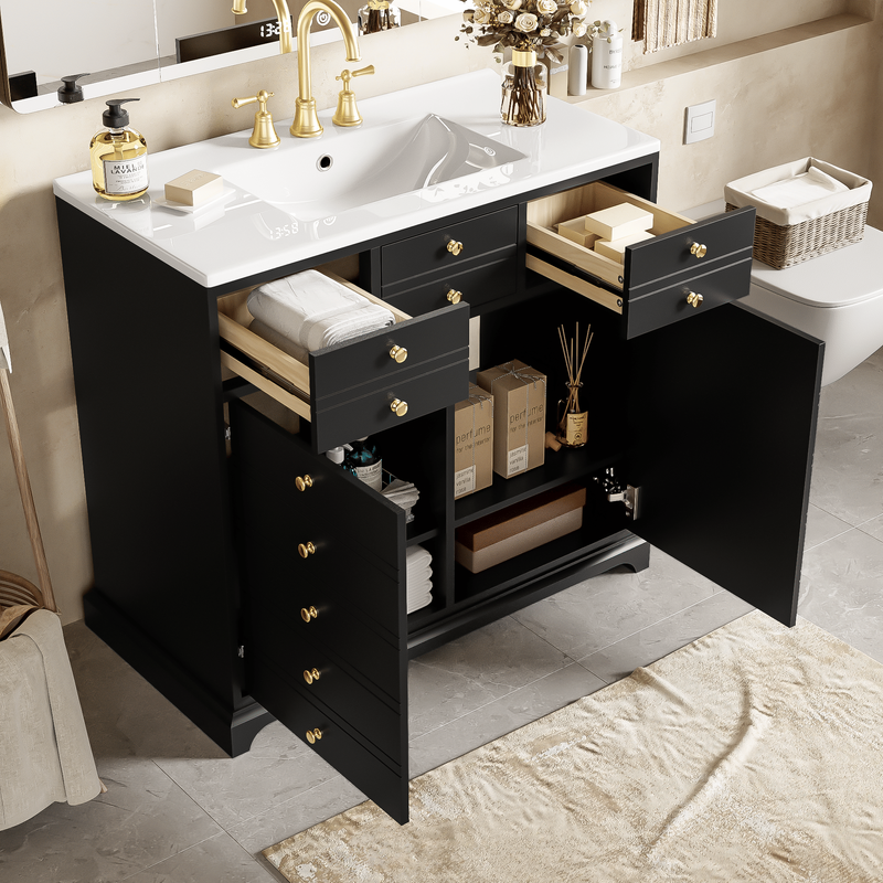 36'' Bathroom Vanity With Resin Sink Combo, Solid Wood Frame Bathroom Storage Cabinet, Freestanding Vanity Set With 2 Drawers& Soft Closing Doors, Black_voghion.com