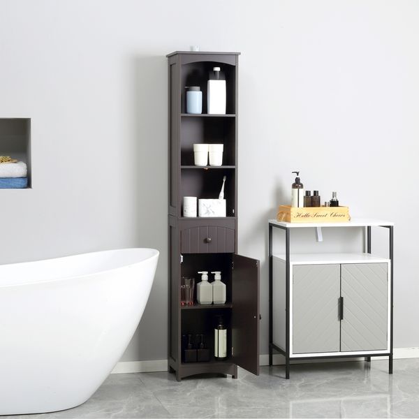 HOMCOM Bathroom Organization Haven: Brown Freestanding Tall Linen Tower With 3 Shelves & Drawer_voghion.com