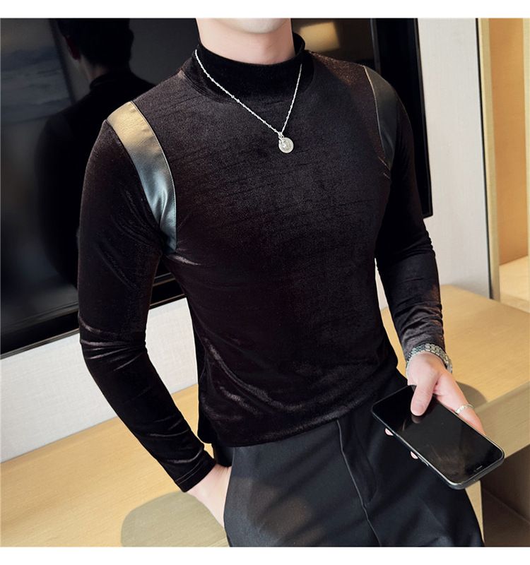 Abbigliamento maschile T-shirt a maniche lunghe elastica con collo alto e mezza pelle testurizzata da uomo, sottile, in velluto, con colletto medio, aderente, abiti autunnali_voghion.com