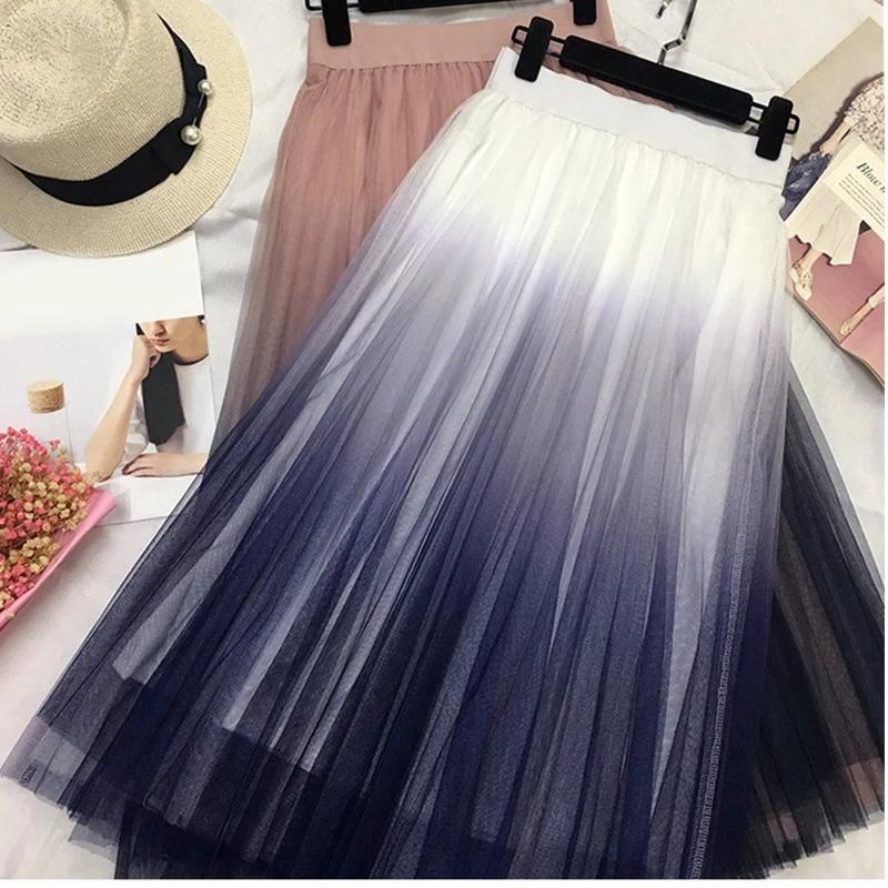 Mesh Hohe Taille Gefaltete frauen Langen Rock A-linie Tüll Gradienten Student Frauen Röcke 2020 Frühling Sommer Mode Elegant416_voghion.com