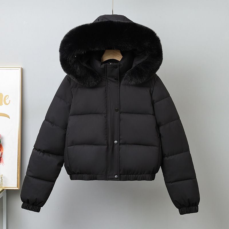 Damenbekleidung Kurze Pufferjacke für Damen mit Kunstpelzbesatz, Wintermantel mit Fleecefutter, übergroßer Parka mit Kapuze für Freizeit und Pendeln_voghion.com