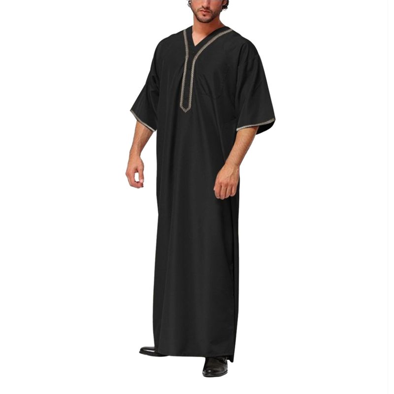 Jubba Thobe muçulmano cor sólida botão quimono robe médio camisa muçulmana saudita gola alta kaftan árabe islâmico masculino_voghion.com