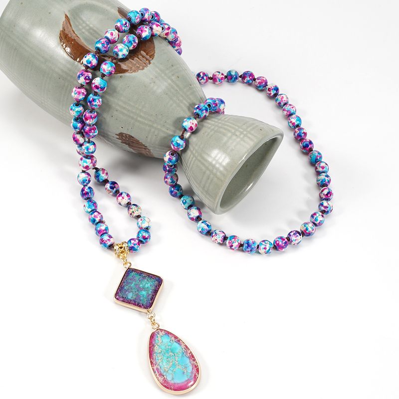 Collana con catena in pietra naturale color pioggia turchese verde da 8 mm in stile bohémien, fatta a mano_voghion.com