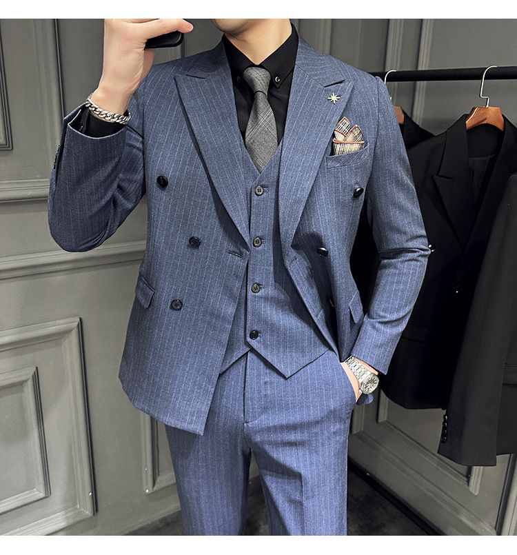 Britu stila moderns svītrains divrindu vīriešu līgavaiņa, līgavaiņa, kāzu kleitas, trīsdaļīga uzvalka komplekta tendence_voghion.com