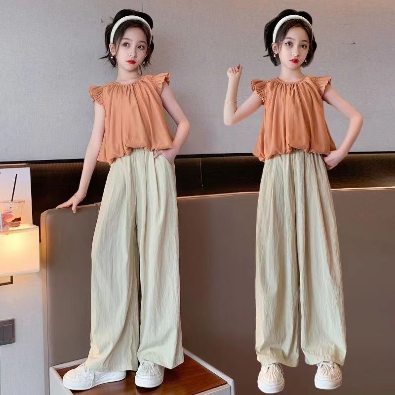 Été 2024 Nouvelle édition coréenne pour filles Haut décontracté moyen et grand Pantalon à jambe large Ensemble deux pièces élégant pour enfants Tendance_voghion.com