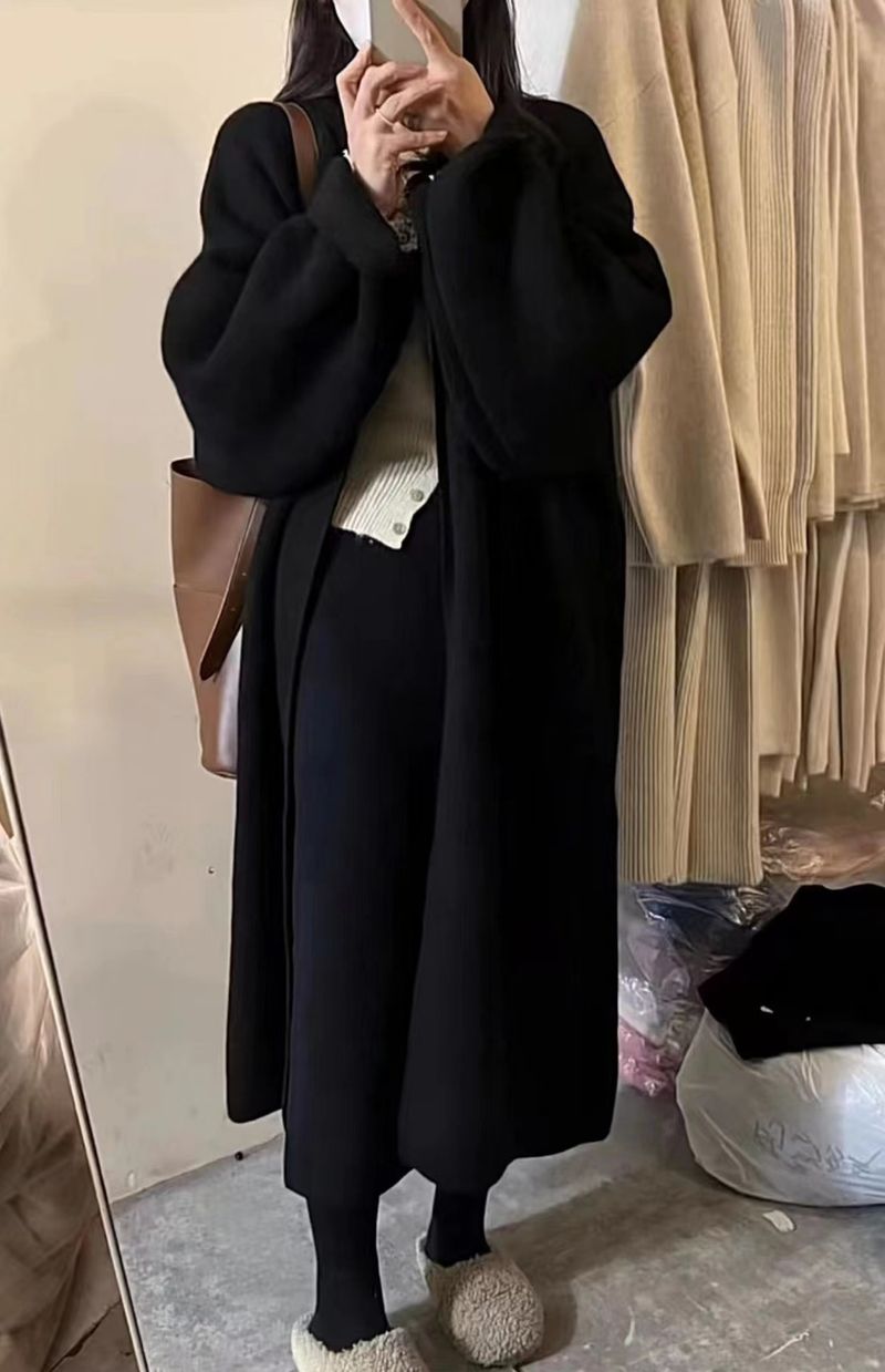 Versão coreana estilo preguiçoso longo cardigan de malha para mulheres 2024 outono inverno novo solto e emagrecimento cor sólida suéter_voghion.com