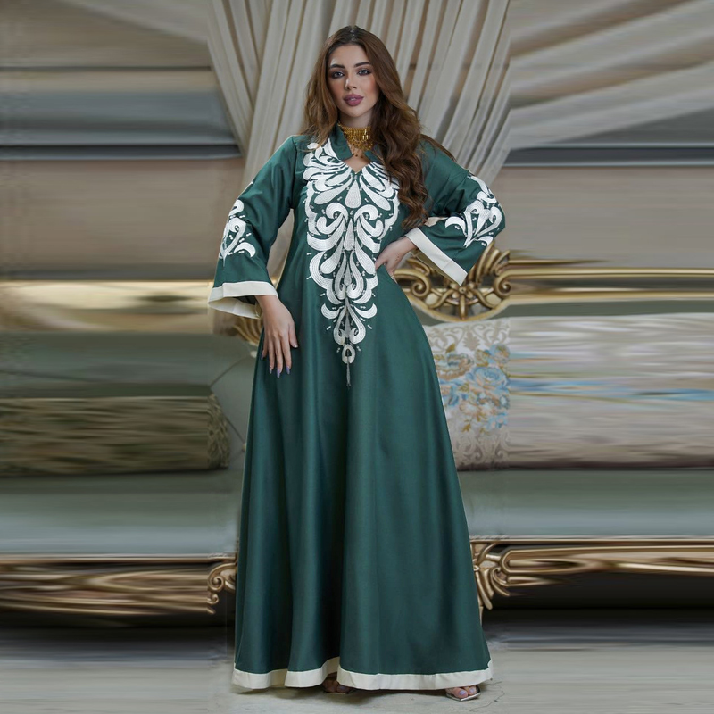 Dames zomer Abaya patchwork jurk geborduurd moslim Ramadan Dubai gewaad_voghion.com