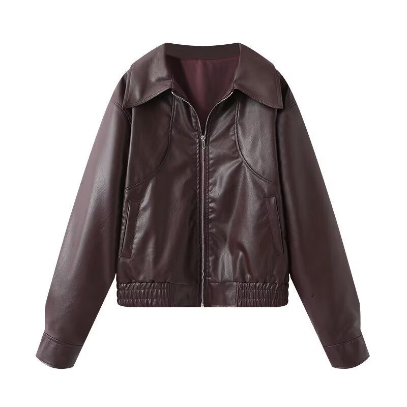 TAOP&ZA Veste courte en cuir à col rabattu et fermeture éclair pour femme, style américain, simple et tendance_voghion.com
