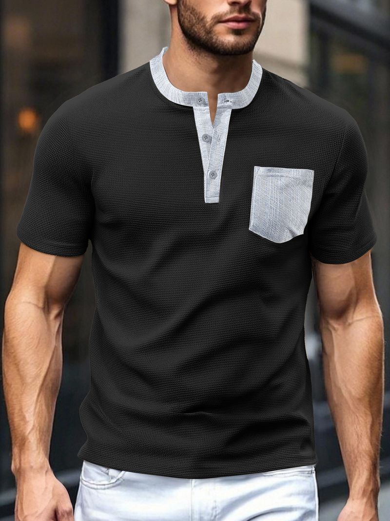 Unbeatable Quality Men's Clothing Inventory Summer New Product Machine Washable Patch Bag, Open Placket, Color Blocked Polyester Waffle_voghion.com