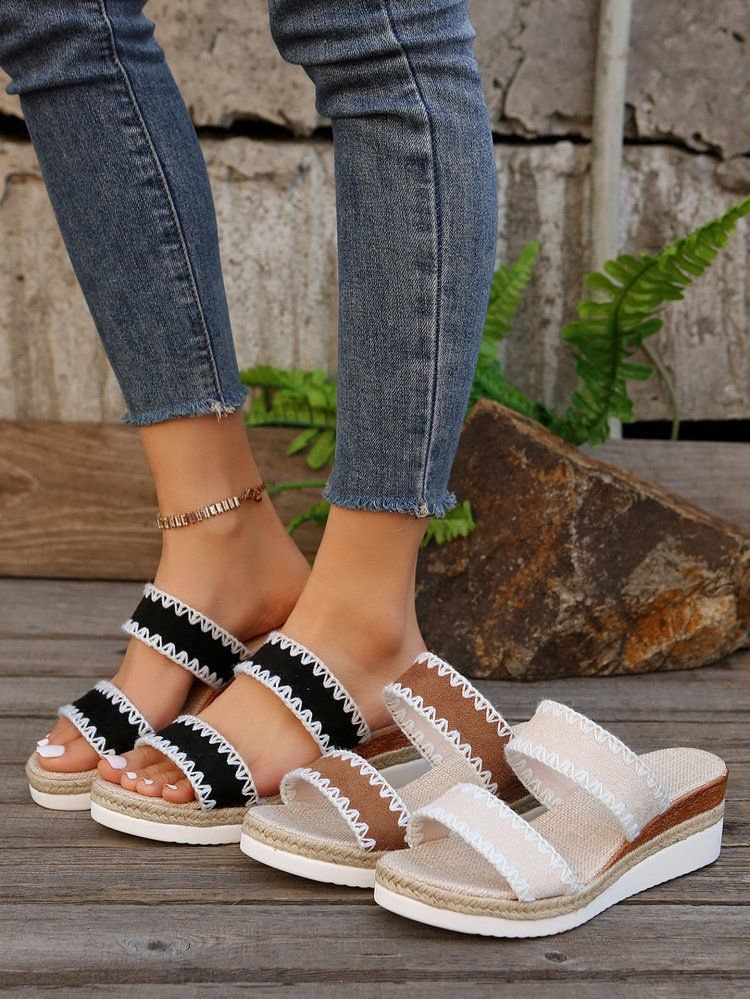 Women’s Shoes New Rope Woven Edge Wedge Slippers For Women Thick Bottom One Word Strap_voghion.com