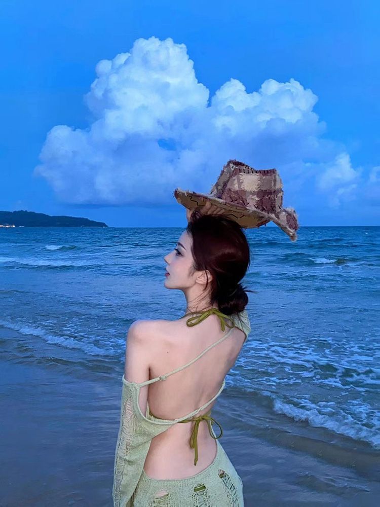 Pure Desire Style Sexy Hot Girl Knitted Long Sleeve Bikini Three-Piece Set Cover-Up Backless Beach Vacation Sun_voghion.com