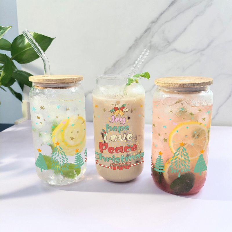 Modern Minimalist Borosilicate Glass Tumbler With Bamboo Lid - 16oz Leak-Proof Straw Cup (Christmas Gift-Ready)_voghion.com