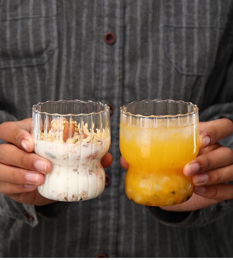 Chubby Striped Borosilicate Glass Tumbler - 400ml Thick-Walled Mug For Coffee, Milk, Oatmeal & Yogurt_voghion.com