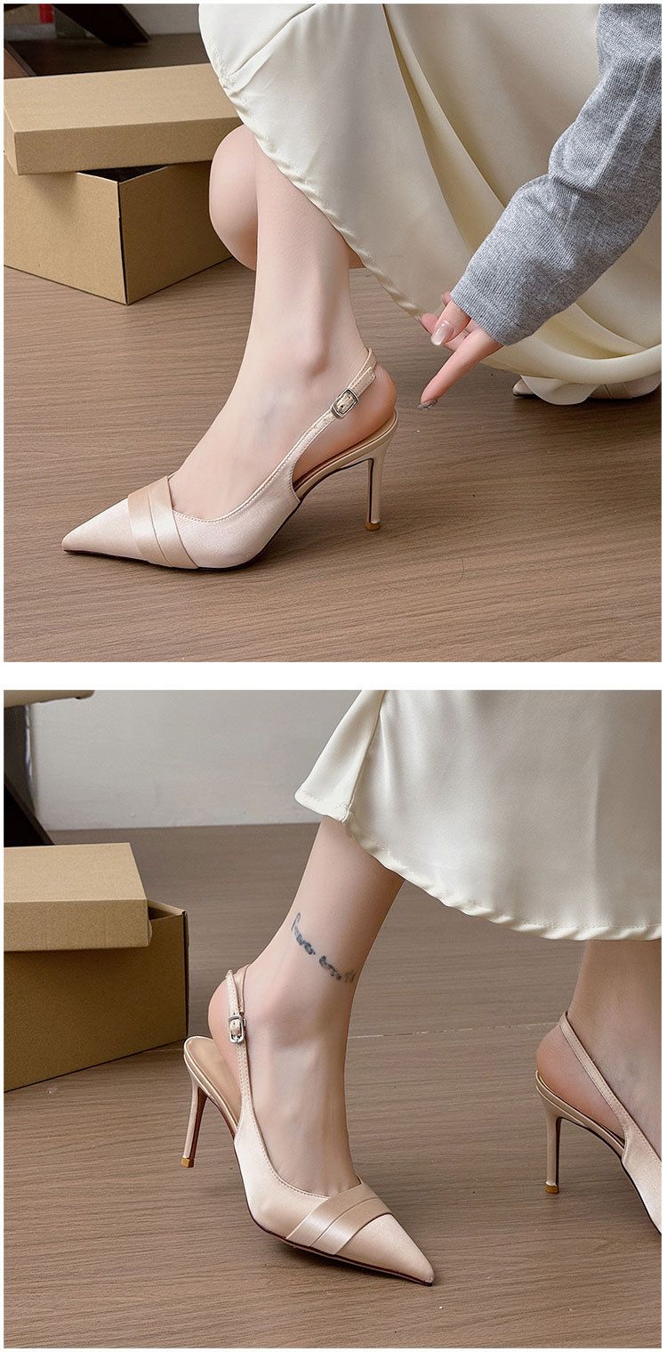 Sandalias Baotou de tacón fino para mujer, punta puntiaguda, estilo francés, satén, albaricoque, hebilla de una palabra con sandalias versátiles para mujer_voghion.com