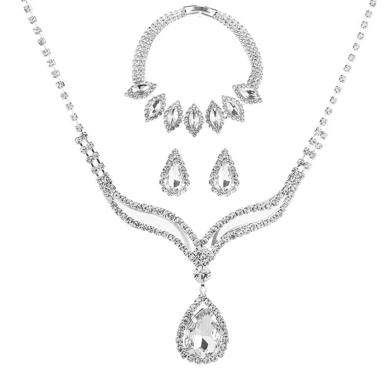Set di gioielli da sposa da donna - Elegante collana con clavicola e orecchini in zircone e bracciale (per sposa, per feste serali, catena da 16-18 pollici, confezione regalo di lusso)_voghion.com