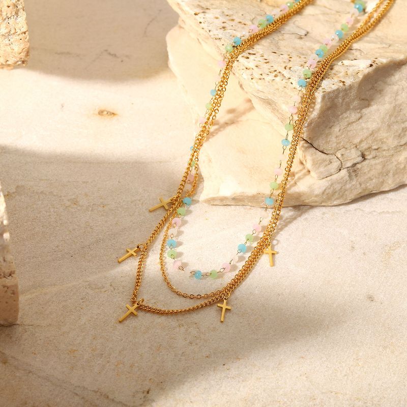 INS Wind Gold Plated Stainless Steel Colorful Stone Ball Chain Cross Tassel Pendant Three Layer Necklace for Women_voghion.com