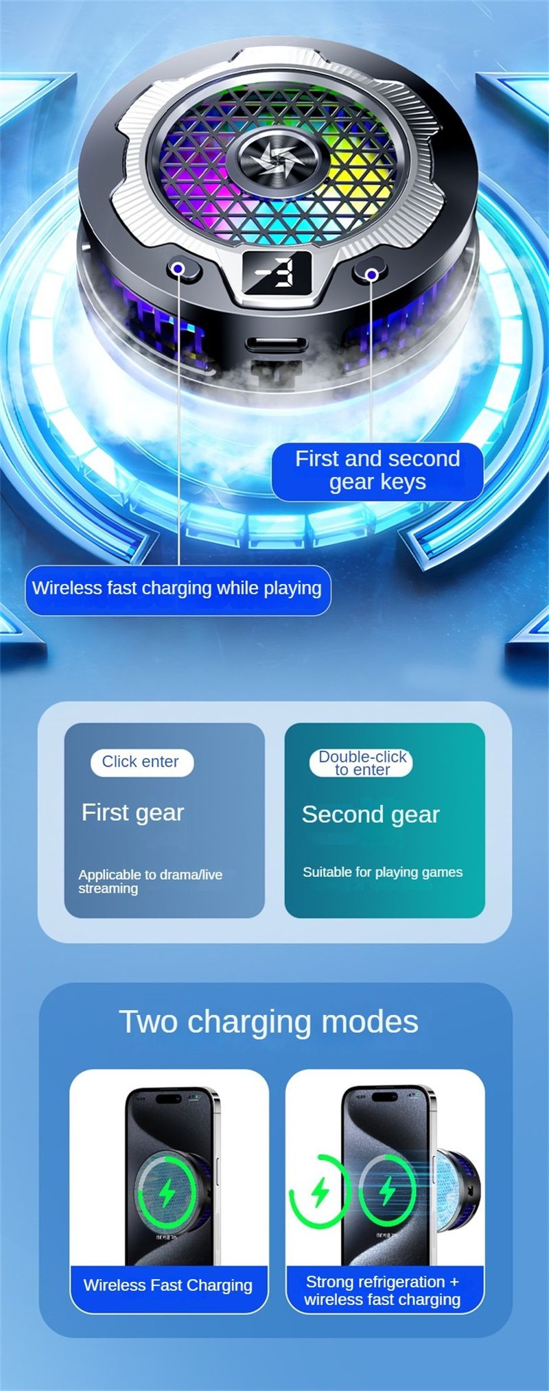 Wireless Charging Magnetic Phone Cooler For IPhone 15, 14, 13, 12, 11 S24 Ultra Back Clamped Phone Fan Game Cooling_voghion.com