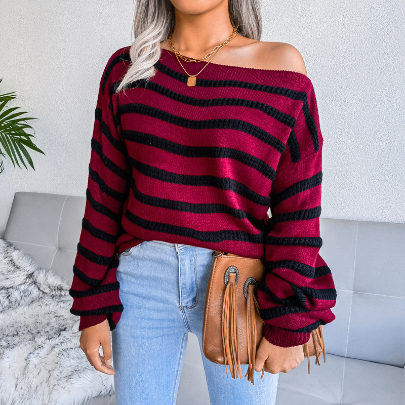 Autumn And Winter Off-Shoulder Casual Loose Striped Knitted Sweater Women's Fashion_voghion.com