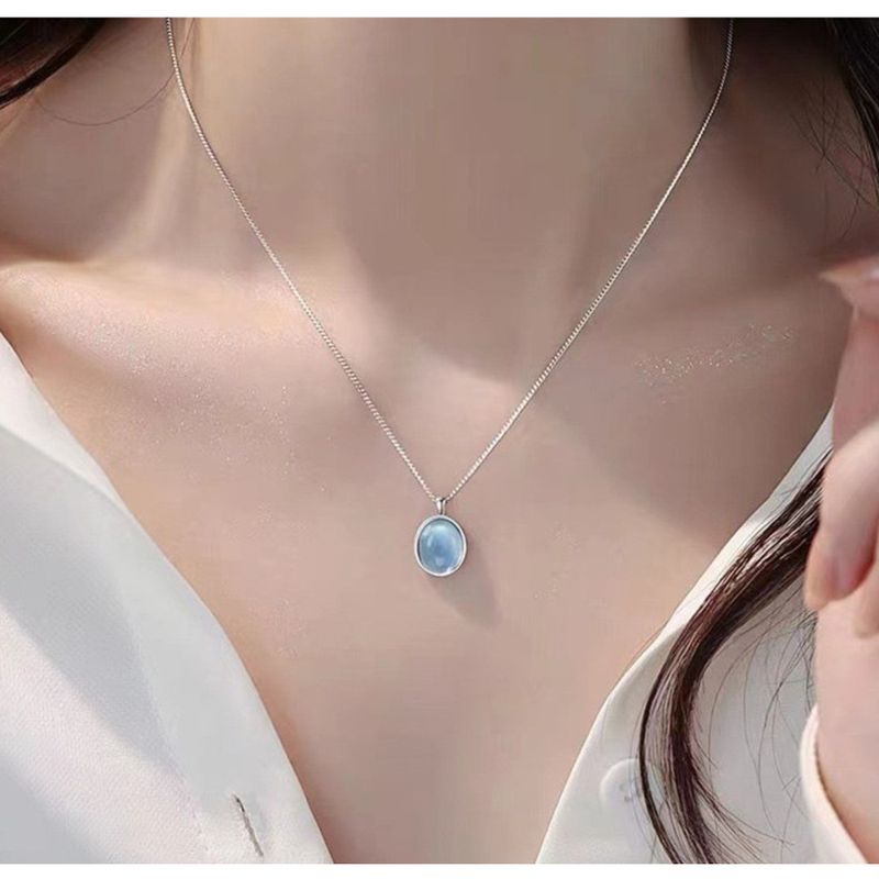 Collana da donna con ciondolo in acquamarina in argento puro S999 - Elegante design ovale, versatile catena per clavicola, stile di nicchia di alta gamma_voghion.com