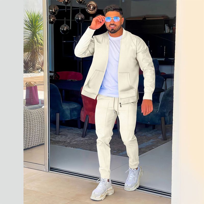 Waffelstrick-Baseballjacke für Herren mit Reißverschlusstaschen und passender Hose im Set – leichte, lässige Oberbekleidung für Frühling und Sommer_voghion.com