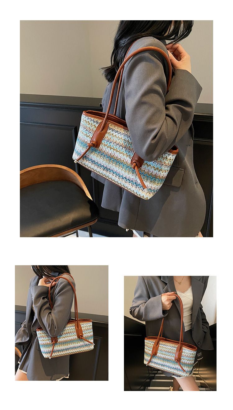 Damentaschen, Strohgewebte Tasche für Damen, Nischendesign, gewebte Tasche, große Kapazität, Pendler-Einkaufstasche, Tragetasche, Strandtasche_voghion.com