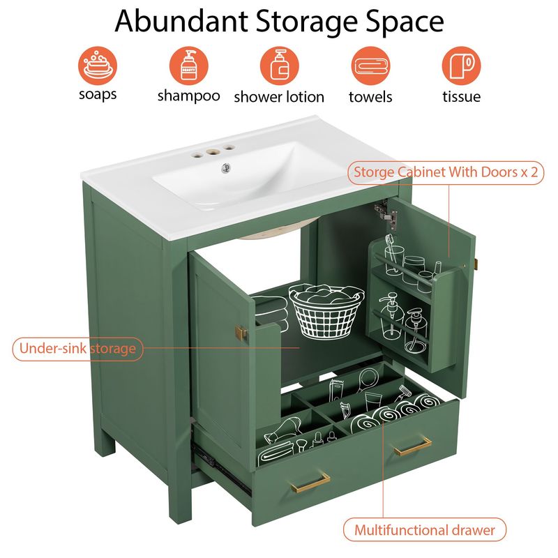 30 Inch Bathroom Vanity With Single Sink, Combination Under Counter Sink, Bathroom Storage Cabinet With 2 Doors And A Drawer, Soft Closure, Multifunctional Storage_voghion.com