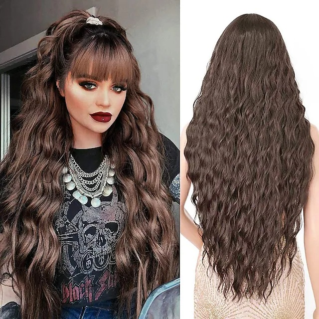 Synthetic wig New Women's Small Water Wave Pattern Wool Long Curled Hair Straight bangs Multi color Chemical Fiber Head Cover_voghion.com