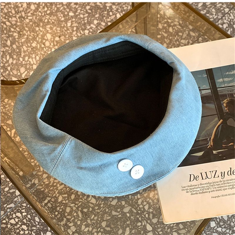 Denim für Frauen Koreanische Version Vielseitige Knopf Baskenmütze Künstler Nischendesign Großer Kopfumfang Hut Gesicht Abnehmen_voghion.com