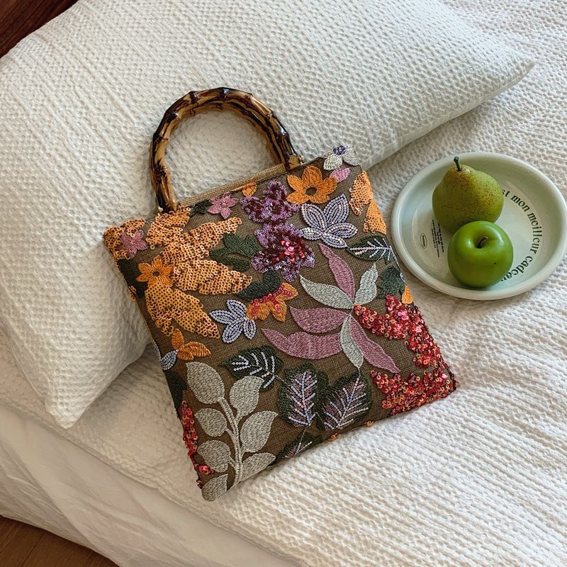 Borsa a mano in lino slub 2024, nuova borsa da sera da donna con paillettes ricamate_voghion.com