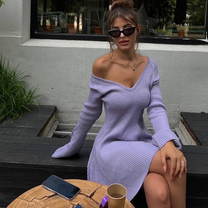 Elegante abito in maglia a trapezio con scollo a V per donna - Morbido misto cotone, abito casual corto senza maniche, versatile outfit primaverile e autunnale_voghion.com