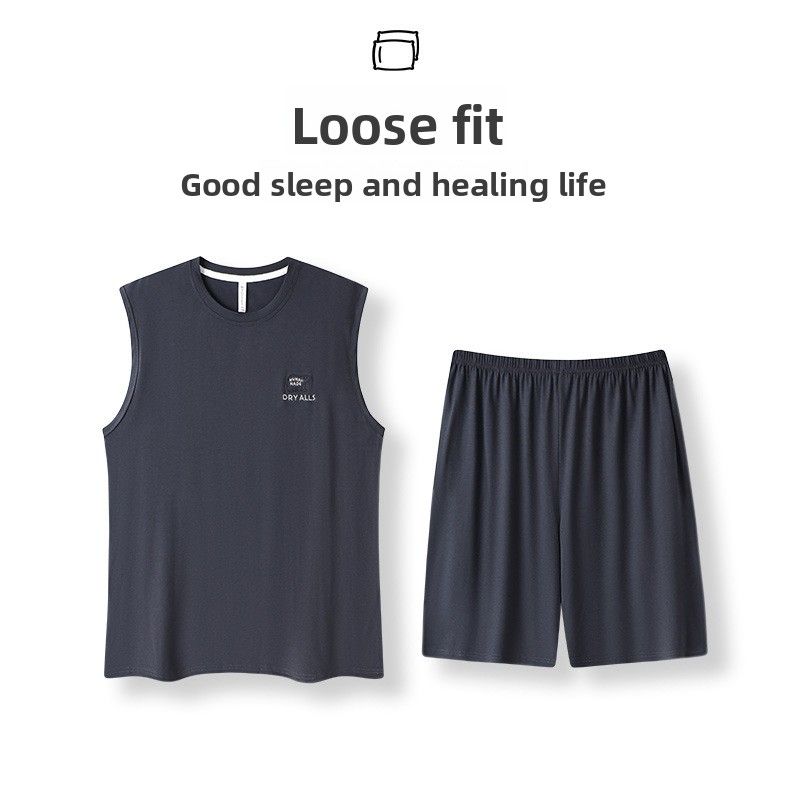 Men's Summer Modal Cotton Vest Set, Sleeveless Home Clothes Can Be Worn Outside, Plus Size Loose Home Two-piece Set-XXL_voghion.com