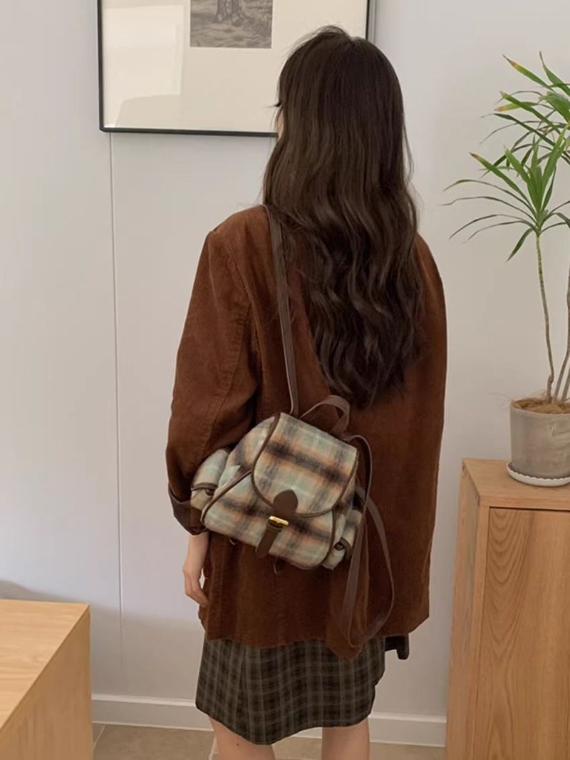 Vintage Woolen Velvet Whi Checkered Autumn Winr College Style Student Backpack For Women Commuting Simple British_voghion.com