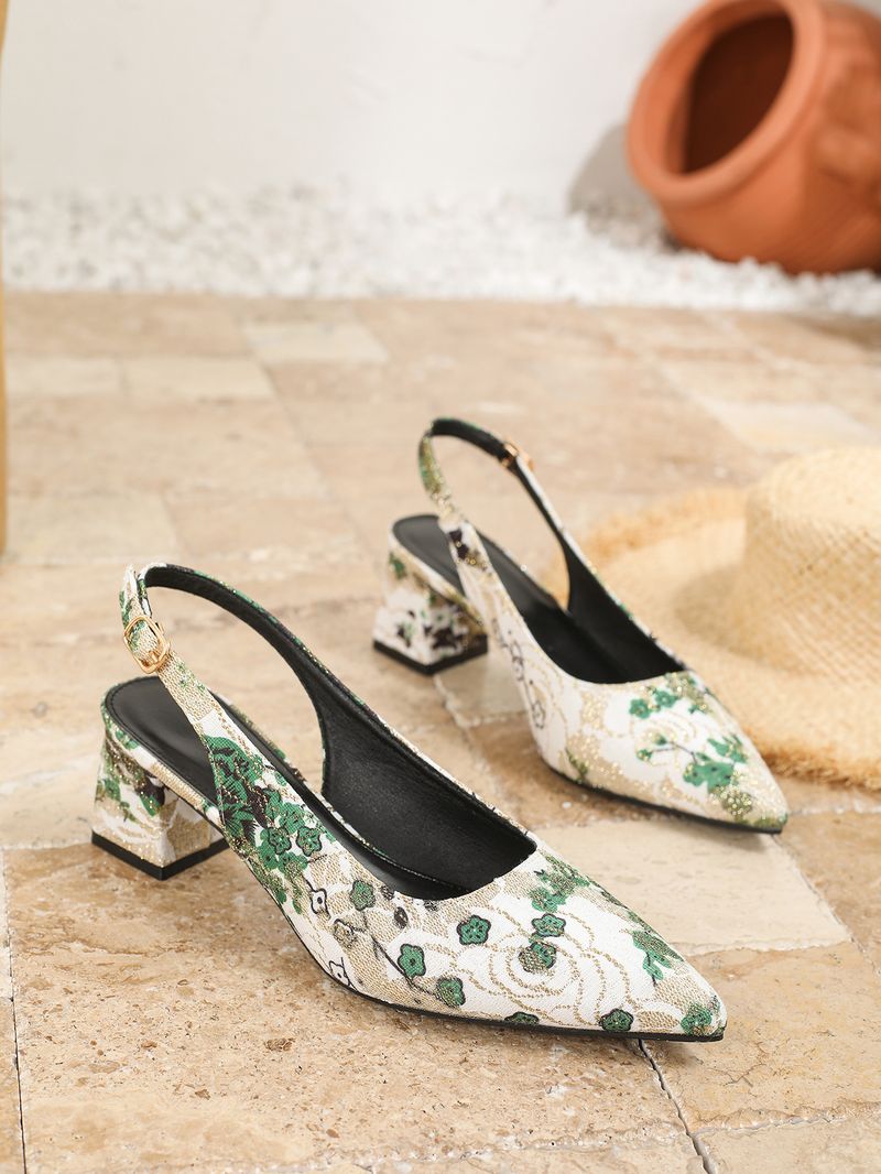 Pointy back strap bag head back empty women's sandals new floral chunky heels_voghion.com