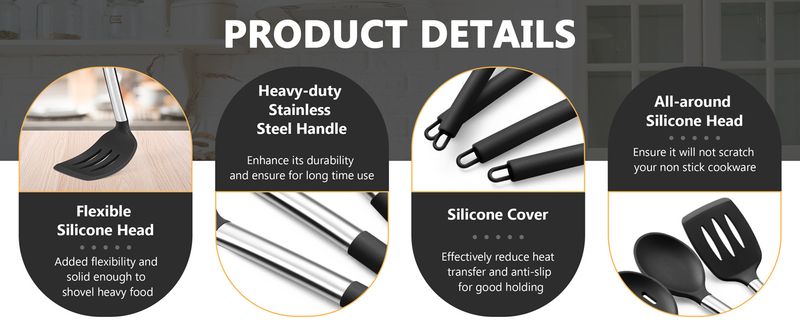 Black Kitchen Cooking Utensils 4-Piece Set, Silicone Solid Spatula Slotted Spoon Shovel For Non-Stick Cookware_voghion.com