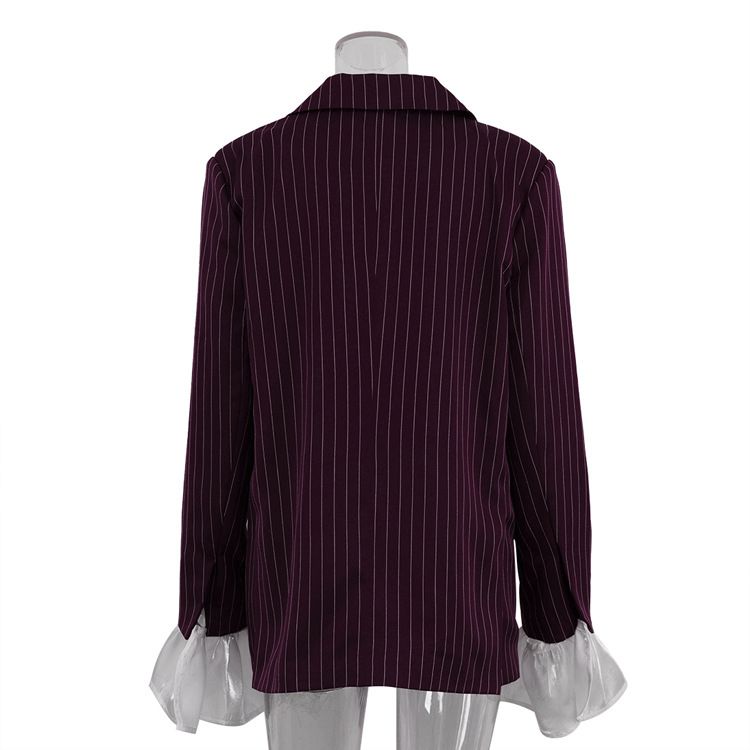 Giacca da abito a righe da donna, elegante blazer a righe con maniche a campana in pizzo – Giacca casual ampia per primavera/autunno in rosso vino_voghion.com
