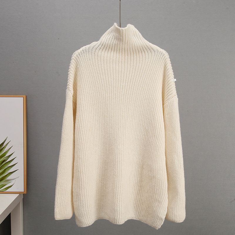 Pull oversize à col montant pour femme – Haut en tricot acrylique doux avec fentes latérales | Pull décontracté d'hiver (blanc/violet/vert)_voghion.com