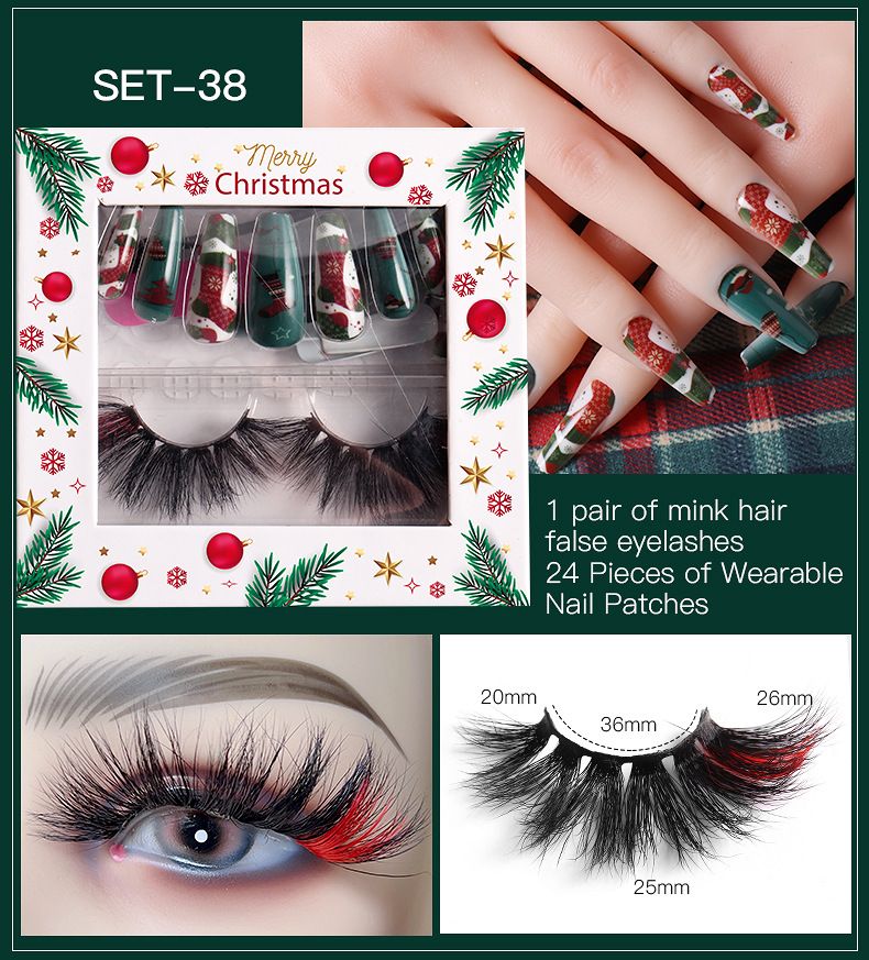 Christmas Festival Mink Hair False Eyelashes & Press-On Nails Set, Euro-American Colored Eye Lashes_voghion.com