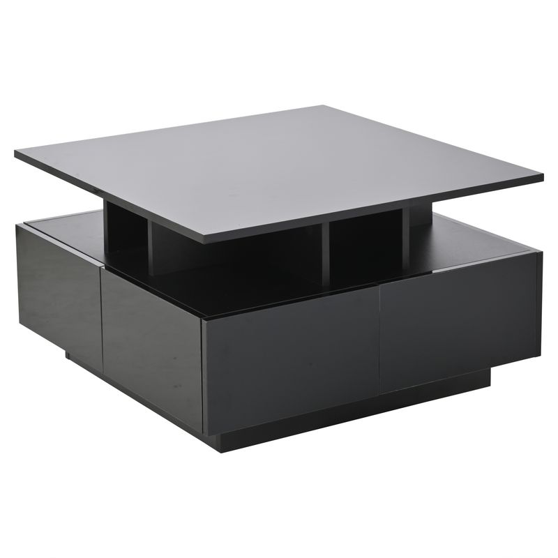 Table basse de salon noire brillante 70 x 70 x 40 cm avec éclairage LED, table d'appoint à 4 tiroirs, design géométrique, capacité de charge de 30 kg._voghion.com