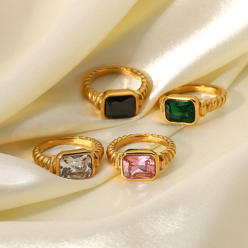 Anello rettangolare in zircone rosa smeraldo in acciaio inossidabile, gioielli con anello a spirale attorcigliato croissant da donna_voghion.com