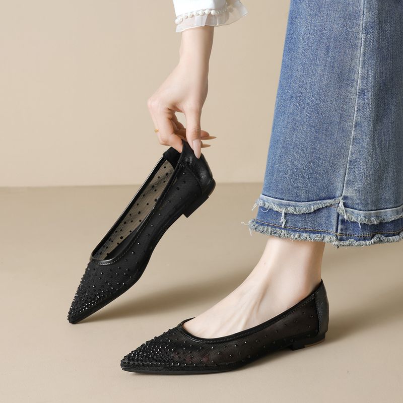 Shallow Single Shoes Female Flat Bottom Fairy Wind Mesh Soft Sole Gentle Pointed Rhinestone Flats_voghion.com
