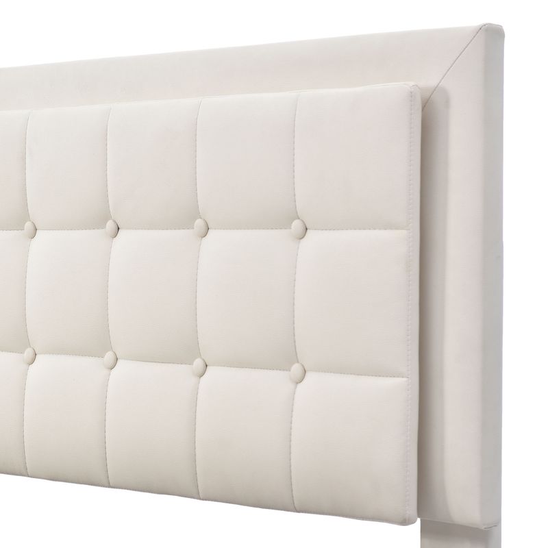 Lit double 140 x 200 cm avec sommier à lattes et rangements, avec bande lumineuse LED, cadre de lit rembourré en similicuir blanc._voghion.com