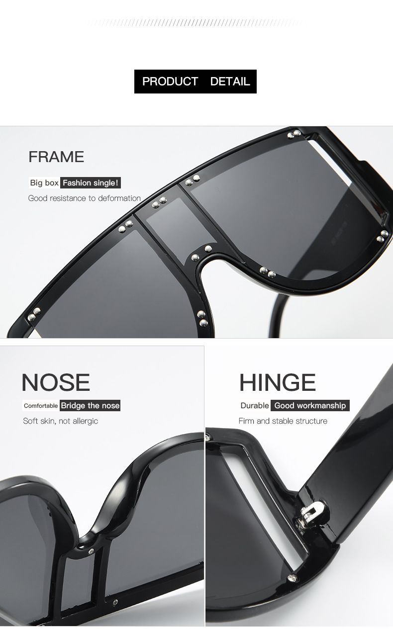 Személyre szabott, nagy keretes, szegecselt színű napszemüveg, divatos és trendi punk FT egyrészes napszemüveg 2081_voghion.com