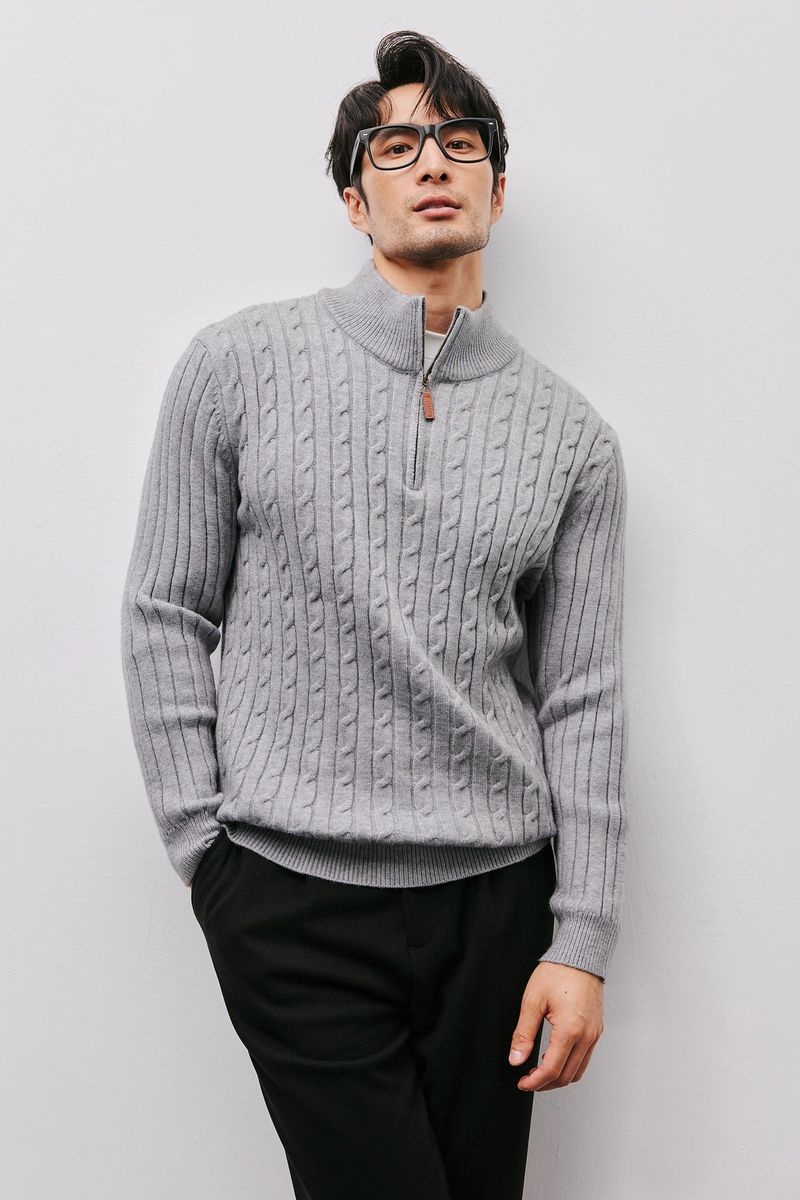 Strickpullover mit halbem Reißverschluss für Herren, Zopfmuster-Stehkragen, Oberbekleidung für Herbst und Winter, leichter Stil, Business Casual_voghion.com