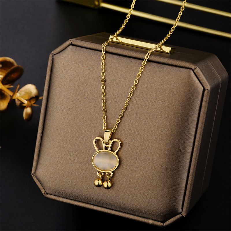 Cat's Eye Stone Internet Red White Fritillaria Cute Rabbit Ear Bell Pendant With Collar Chain, Titanium Steel Plated_voghion.com