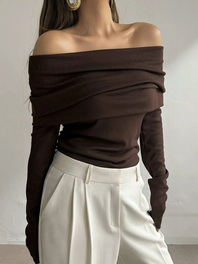 Maglione da donna, stile autunnale e invernale, a maniche lunghe, lavorato a maglia, con una spalla, sexy, aderente, con spalle scoperte_voghion.com