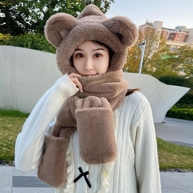 Cappello di peluche per bambini, simpatico orsetto, versatile, caldo, con cappuccio, con maschera, un pezzo, per ciclismo, invernale, set da 3 pezzi_voghion.com