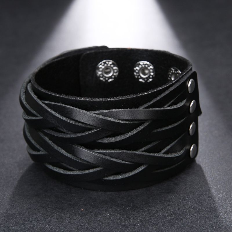 Bracciale in pelle intrecciata con motivo punk con borchie, largo, da uomo, esagerato e alla moda_voghion.com