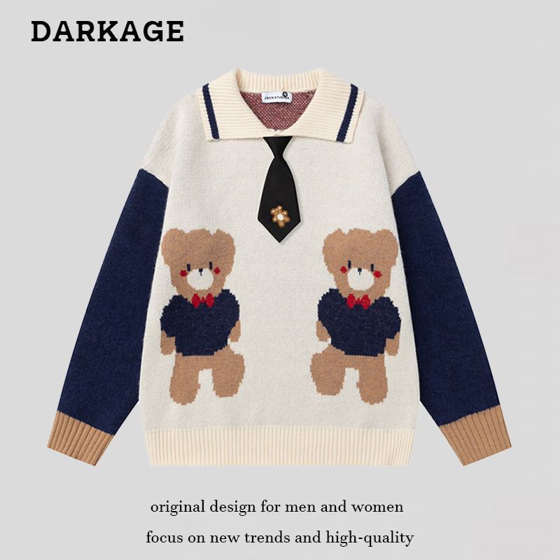 Pull col rond motif ours américain pour homme et femme, tricot ample à blocs de couleurs pour l'automne, style décontracté_voghion.com