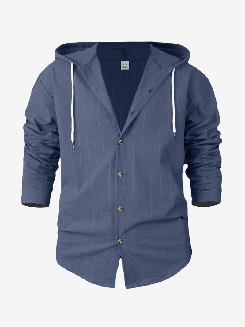 Camicia casual a maniche lunghe con cappuccio e bottoni, nuova, in cotone e lino, a righe, da uomo_voghion.com